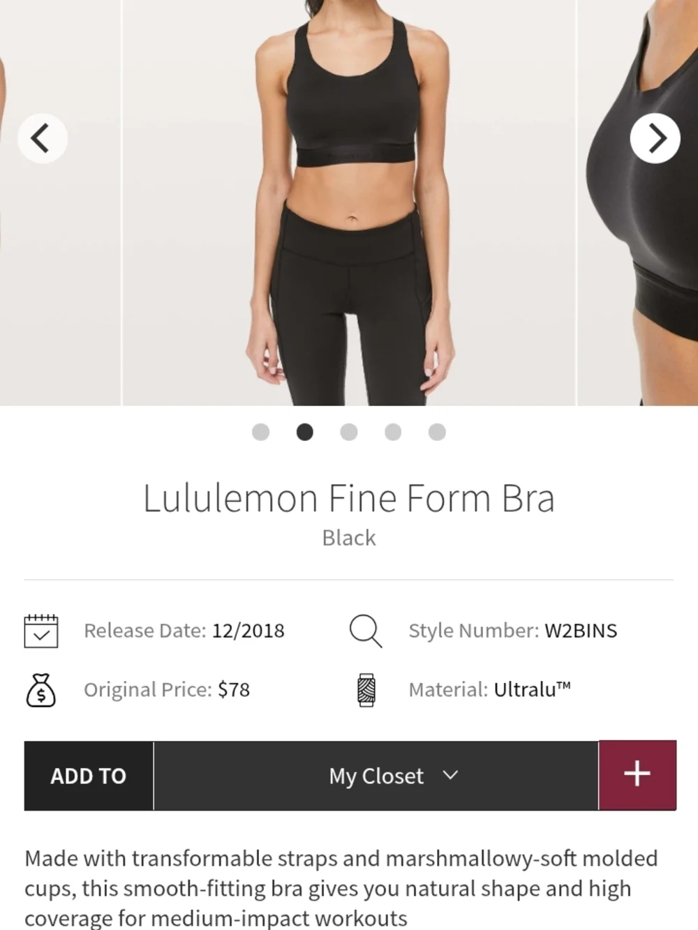 Lululemon Fine Form Black Sports Bra In Size 38C - Picture 3 of 9